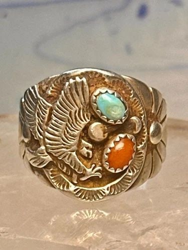 EAGLE RING NAVAJO TURQUOISE CORAL SIZE 12.50 STERLING SILVER WOMEN MEN: EAGLE RING NAVAJO TURQUOISE CORAL SIZE 12.50 STERLING SILVER WOMEN MEN Eagle ring Navajo turquoise coral size 12.50 Sterling silver women men Turquoise stone may have a natural flaw structurally secur