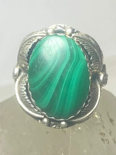 MALACHITE RING NAVAJO LEAVES SOUTHWEST STERLING SILVER MEN (1 of 2)