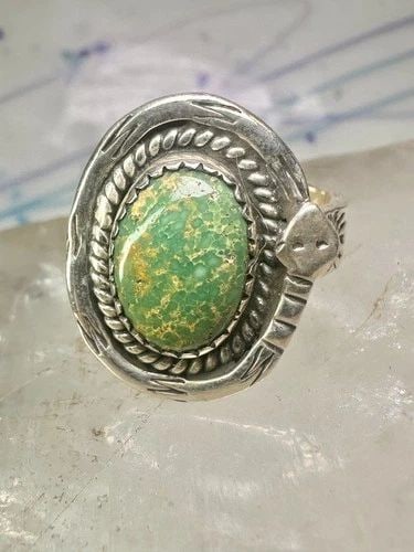 NAVAJO SNAKE RING TURQUOISE SIZE 8.75 ADJ STERLING SILVER WOMEN: NAVAJO SNAKE RING TURQUOISE SIZE 8.75 ADJ STERLING SILVER WOMEN Navajo snake ring turquoise size 8.75 adj sterling silver women Size 8.75 slightly adjustable made this way Weight 9g Length 7/8" Width 