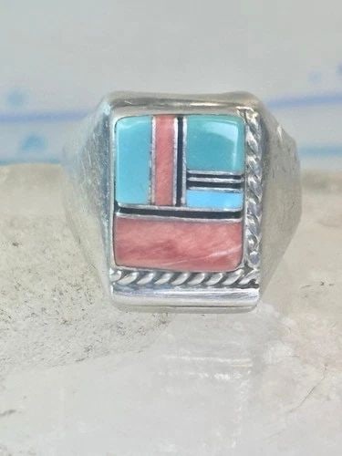 NAVAJO RING TURQUOISE INLAY BAND SIZE 9 STERLING SILVER WOMEN MEN SIGNED HH (1 of 2)