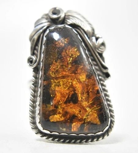 NAVAJO AMBER RING LONG VINTAGE STERLING SILVER SOUTHWEST SIZE 8.2: NAVAJO AMBER RING LONG VINTAGE STERLING SILVER SOUTHWEST SIZE 8.2 Navajo Amber Ring Long Vintage Sterling Silver Southwest Tribal Size 8.25 Between a Size 8.25 and a Size 8.50 Weight 12.7g Width 1 1/2