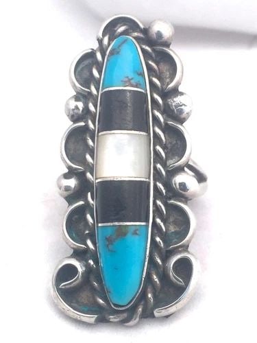 VINTAGE STERLING SILVER TURQUOISE ONYX MOP TRIBAL SIZE 5.5 11.7G SOUTHWEST LONG: VINTAGE STERLING SILVER TURQUOISE ONYX MOP TRIBAL SIZE 5.5 11.7G SOUTHWEST LONG Vintage Sterling Silver Turquoise Southwest Woman Ring Size 5.5 Weight 11.7g Length 1 5/8" Width 13/16" Free First Class
