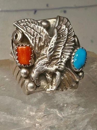 EAGLE RING TURQUOISE CORAL SOUTHWEST BAND BAND SIZE 10.5 STERLING SILVER WOMEN M (1 of 2)