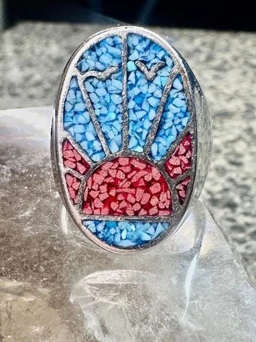 SUNRISE RING SUNSET BAND SEAGULLS TURQUOISE CORAL SOUTHWEST SIZE 9.75 STERLING S (1 of 2)