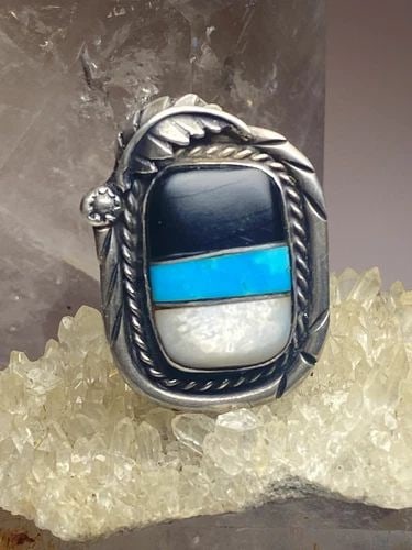 TURQUOISE RING SIZE 8.50 NAVAJO ONYX MOTHER OF PEARL SOUTHWEST STERLING SILVER M: TURQUOISE RING SIZE 8.50 NAVAJO ONYX MOTHER OF PEARL SOUTHWEST STERLING SILVER M Turquoise ring Navajo onyx mother of pearl southwest sterling silver men women Size 8.50 Weight 14.9g Length 1. 3/8" Wi