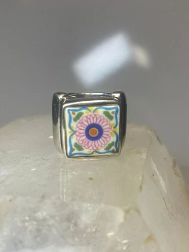 PORCELAIN RING FLOWER TILE SIZE 5.50 STERLING SILVER WOMEN (1 of 2)