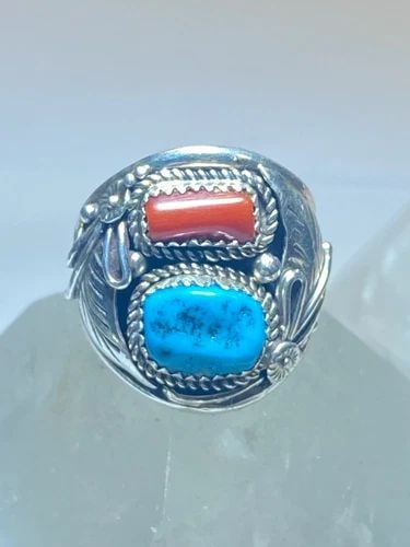 TURQUOISE RING SIZE 10.75 CORAL NAVAJO SOUTHWEST BAND STERLING SILVER: TURQUOISE RING SIZE 10.75 CORAL NAVAJO SOUTHWEST BAND STERLING SILVER Turquoise ring coral Navajo southwest band sterling silver Signed L Spencer Size 10.75 Between a size 10.75 and a size 11 Weight 9