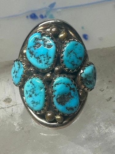 NAVAJO RING TURQUOISE CLUSTER CIGAR BAND SIZE 5.5 STERLING SILVER WOMEN PINKY: NAVAJO RING TURQUOISE CLUSTER CIGAR BAND SIZE 5.5 STERLING SILVER WOMEN PINKY Navajo ring Turquoise cluster cigar band size 5.5 sterling silver women pinky May have been resized Structurally secure Si