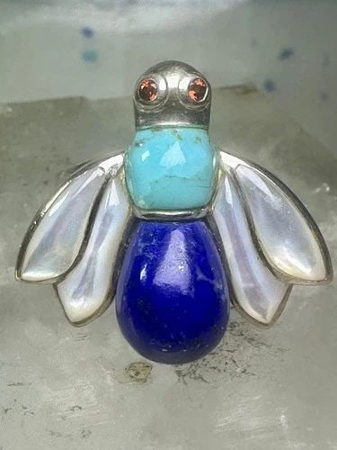 VINTAGE BUG RING INSECT BLUE LAPIS TURQUOISE MOP SIZE 8 STERLING SILVER WOMEN: VINTAGE BUG RING INSECT BLUE LAPIS TURQUOISE MOP SIZE 8 STERLING SILVER WOMEN Vintage Bug ring insect blue lapis turquoise mop size 8 sterling silver women Brand NF Size 8 Weight 9.6g Length 1" Width.