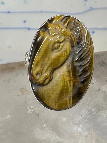HORSE RING FIGURATIVE FACE BAND TIGER EYE SIZE 6.75 STERLING SILVER WOMEN (1 of 2)