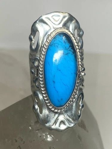 TURQUOISE RING LONG POISON MEXICO STERLING SILVER WOMEN: TURQUOISE RING LONG POISON MEXICO STERLING SILVER WOMEN Turquoise ring long poison Mexico sterling silver women Size 8.50 adj Weight 13g Band Width 9/16"