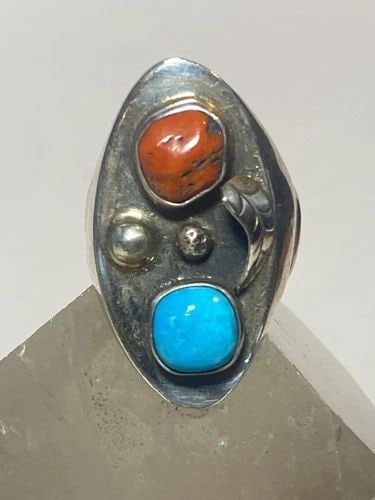 NAVAJO RING TURQUOISE CORAL SIZE 11.50 STERLING SILVER MEN WOMEN G: NAVAJO RING TURQUOISE CORAL SIZE 11.50 STERLING SILVER MEN WOMEN G Navajo ring turquoise coral long sterling silver men women g Size 11.50 Weight 18.8g Length 1 1/2" Width. 5/8" Thinnest part of band 