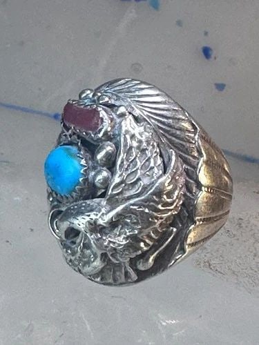 EAGLE RING SOUTHWEST TURQUOISE CORAL SOUTHWEST STERLING SILVER SIZE 11.75 WOMEN: EAGLE RING SOUTHWEST TURQUOISE CORAL SOUTHWEST STERLING SILVER SIZE 11.75 WOMEN Eagle ring southwest turquoise coral southwest sterling silver size 11.75 women men Size 11.75 Weight 24.6g Width 1" Thi