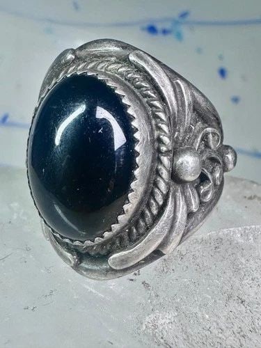NAVAJO RING VINTAGE ONYX LEAVES BAND SIZE 9.25 STERLING SILVER WOMEN (1 of 2)