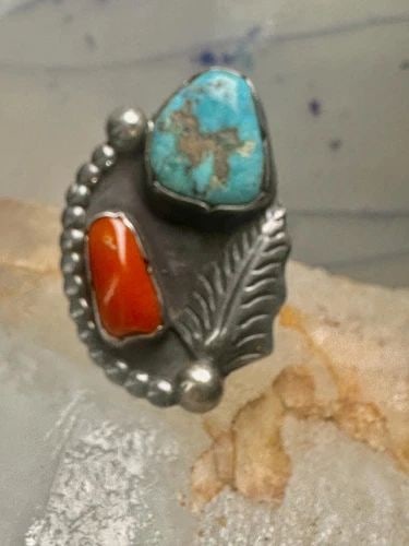 NAVAJO RING SIZE 5.25 SIGNED L PLATERO TURQUOISE CORAL STERLING SILVER WOMEN: NAVAJO RING SIZE 5.25 SIGNED L PLATERO TURQUOISE CORAL STERLING SILVER WOMEN Navajo ring size 5.25 signed L Platero turquoise coral sterling silver women Size 5 Between a size 5 and a size 5.25 Weight