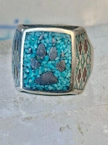 BEAR PAW RING CORAL CHIPS TURQUOISE SIZE 10.75 STERLING SILVER WOMEN MEN (1 of 2)