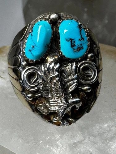 EAGLE RING SIZE 12 NAVAJO SIGNED AL TURQUOISE STERLING SILVER WOMEN MEN: EAGLE RING SIZE 12 NAVAJO SIGNED AL TURQUOISE STERLING SILVER WOMEN MEN Eagle ring size 12 Navajo turquoise signed AL sterling silver women men Size 12 Between a size 12 and a size 12.25 Weight. 22.2g
