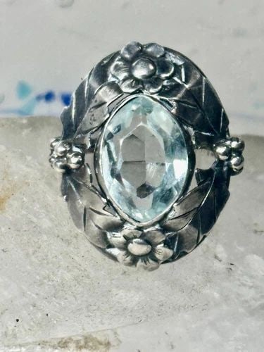 AQUAMARINE RING BLUE PASTE STONE ART NOUVEAU LEAVES FLORAL FLOWERS SIZE 4 STERLI: AQUAMARINE RING BLUE PASTE STONE ART NOUVEAU LEAVES FLORAL FLOWERS SIZE 4 STERLI Aquamarine ring blue paste stone Art Nouveau leaves floral flowers size 4 sterling silver women girls Size 4 Weight 6.3