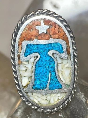 LIBERTY BELL RING SIZE 8 TURQUOISE CHIPS CORAL INDEPENDENCE JULY 4 STERLING SILV: LIBERTY BELL RING SIZE 8 TURQUOISE CHIPS CORAL INDEPENDENCE JULY 4 STERLING SILV Liberty Bell ring size 8 turquoise chips coral Independence July 4 sterling silver women Size 8 Between a size 8 and a 
