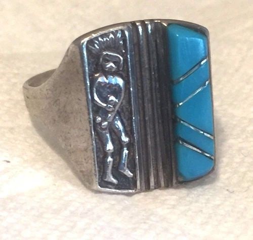 VINTAGE STERLING SOUTHWEST TRIBAL TURQUOISE KACHINA DANCER RING SIZE 10 10.4G (1 of 2)