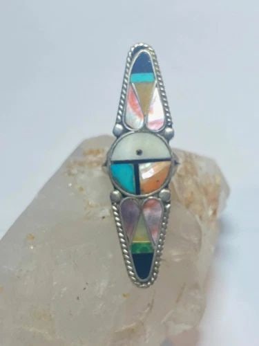 SUN FACE RING LONG TURQUOISE ONYX MOTHER OF PEARL ZUNI PINKY STERLING SILVER WOM: SUN FACE RING LONG TURQUOISE ONYX MOTHER OF PEARL ZUNI PINKY STERLING SILVER WOM Sun face ring long turquoise onyx mother of pearl Zuni pinky sterling silver women Size 5.50 Weight 8.9g Length 2 3/8" 