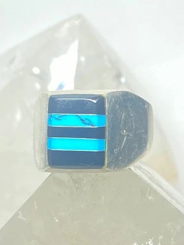 TURQUOISE RING ONYX MEXICO BAND SOUTHWEST STERLING SILVER WOMEN MEN: TURQUOISE RING ONYX MEXICO BAND SOUTHWEST STERLING SILVER WOMEN MEN Turquoise ring onyx Mexico band southwest sterling silver women men Size 13.75 Between a size 13.75 and a size 14 Weight 20g Length.