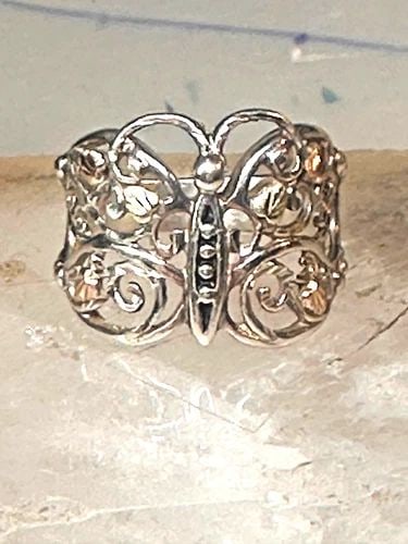 BUTTERFLY RING BLACK HILLS GOLD BAND LEAVES SIZE 7.75 STERLING SILVER (1 of 2)