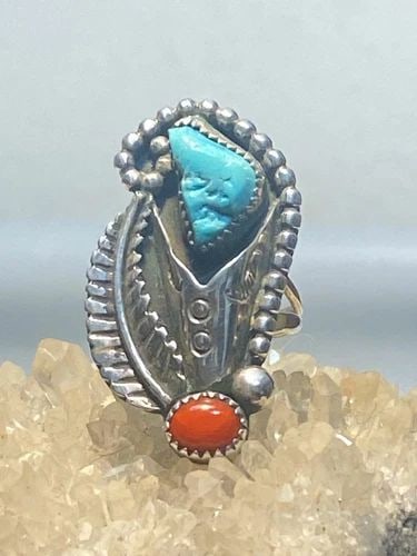 TURQUOISE RING SIZE 5 CORAL LONG NAVAJO FLOWER STERLING SILVER SOUTHWEST WOMEN G: TURQUOISE RING SIZE 5 CORAL LONG NAVAJO FLOWER STERLING SILVER SOUTHWEST WOMEN G Turquoise ring coral long Navajo flower sterling silver southwest women girls Size 5 Weight 6.8g Length. 1 3/8" Width 3