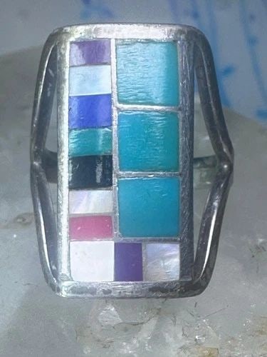 VINTAGE ZUNI TURQUOISE RING LONG RIATONE CORAL MOP ONYX INLAY STERLING SILVER SI: VINTAGE ZUNI TURQUOISE RING LONG RIATONE CORAL MOP ONYX INLAY STERLING SILVER SI Vintage Zuni turquoise ring long Riatone coral MOP Onyx Inlay sterling silver size 7 women girls Size 7 Weight 6.5g Len