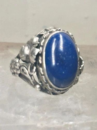 ART DECO RING BLUE LAPIS NOUVEAU GRAPE LEAVES BAND SIZE 4 STERLING SILVER WOMEN (1 of 2)