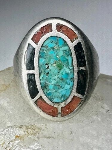 NAVAJO RING TURQUOISE CORAL CHIPS ONYX BAND SIZE 12.75 STERLING SILVER WOMEN MEN: NAVAJO RING TURQUOISE CORAL CHIPS ONYX BAND SIZE 12.75 STERLING SILVER WOMEN MEN Navajo ring turquoise coral chips onyx band size 12.75 sterling silver women men Size 12.75 Between a size 12.75 and a 