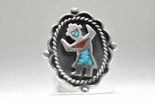 RAINBOW MAN ZUNI TURQUOISE STERLING SILVER WOMEN SIZE 7.50: RAINBOW MAN ZUNI TURQUOISE STERLING SILVER WOMEN SIZE 7.50 Rainbow man Kachina turquoise sterling silver women Size 7.50 Between a Size 7.50 and a Size 7.75 Weight . 8.4g Length of front of ring 1 1/8