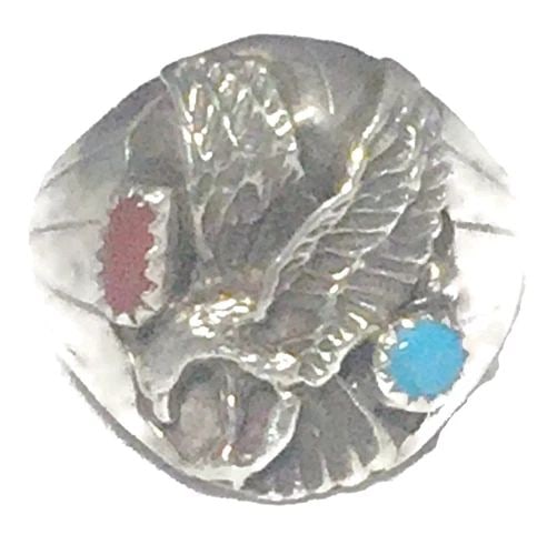VINTAGE EAGLE STERLING SILVER SOUTHWEST TRIBAL RING TURQUOISE SIZE 12.50 16G MEN: VINTAGE EAGLE STERLING SILVER SOUTHWEST TRIBAL RING TURQUOISE SIZE 12.50 16G MEN Vintage Eagle Turquoise Coral Southwest Ring Sterling Silver Band or Ring. A Beautifully Crafted Work. Signed G Size 12