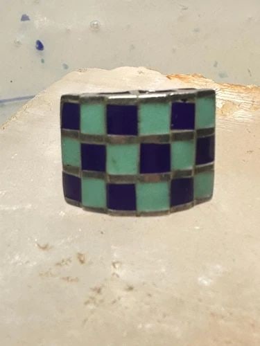 VINTAGE CHECKERBOARD RING CIGAR BAND BLUE LAPIS TURQUOISE SIZE 6.75 STERLING SI (1 of 2)