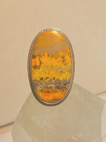 BUMBLE BEE JASPER RING SIZE 9.75 LONG STERLING SILVER WOMEN: BUMBLE BEE JASPER RING SIZE 9.75 LONG STERLING SILVER WOMEN Bumble Bee Jasper ring long sterling silver women Size 9.75 Weight 12.2g Length. 1. 3/4" Width. 1 1/32" Thinnest part 1/8"