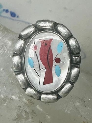 ZUNI RING BIRD CORAL MOTHER OF PEARL SIZE 4.25 STERLING SILVER PINKY WOMEN GIRLS: ZUNI RING BIRD CORAL MOTHER OF PEARL SIZE 4.25 STERLING SILVER PINKY WOMEN GIRLS Zuni ring bird coral mother of pearl size 4.25 sterling silver pinky women girls Size 4.25 Weight 7.9g length 1" Width 
