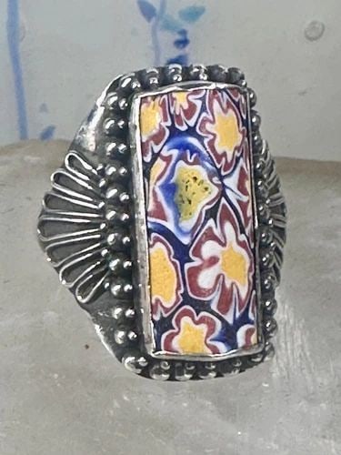 MILLEFIORI FLORAL RING SIZE 9.25 STERLING SILVER FLOWERS LONG KNUCKLE BAND WOMEN (1 of 2)