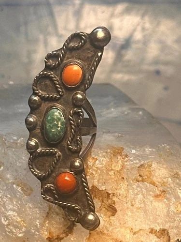 NAVAJO LONG CELESTIAL CRESCENT MOON RING TURQUOISE CORAL SIZE 7 STERLING SILVER: NAVAJO LONG CELESTIAL CRESCENT MOON RING TURQUOISE CORAL SIZE 7 STERLING SILVER Navajo long Celestial Crescent moon ring turquoise coral size 7 sterling silver women Size 7 Weight 12.9g Length 2" Widt