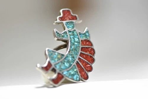 RAINBOW MAN RING DANCER TURQUOISE TRIBAL SOUTHWEST STERLING SILVER SIZE 10.5: RAINBOW MAN RING DANCER TURQUOISE TRIBAL SOUTHWEST STERLING SILVER SIZE 10.5 Kachina Man Ring Dancer Zuni Turquoise Coral Southwest tribal sterling silver men women Size 10.50 Weight 14.3g Widest part