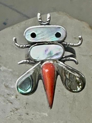 DRAGONFLY RING NATIVE AMERICAN ABALONE CORAL MOP BAND SIZE 4.7 STERLING SILVER W: DRAGONFLY RING NATIVE AMERICAN ABALONE CORAL MOP BAND SIZE 4.7 STERLING SILVER W Dragonfly ring Native American Abalone coral MOP band size 4.7 sterling silver women girls Size 4.75 Weight 5.4g Length