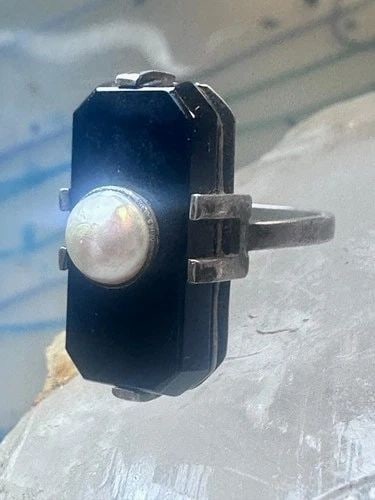 ART DECO RING ONYX PEARL MOURNING BAND PINKY SIZE 5.25 STERLING SILVER WOMEN (1 of 2)