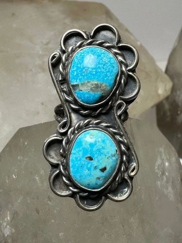 TURQUOISE RING SIZE 6 LONG NAVAJO SOUTHWEST STERLING SILVER WOMEN (1 of 2)