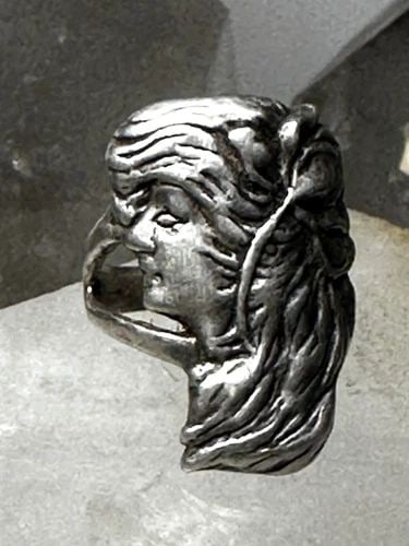 LADY FACE RING WITH FLOWER ART DECO STYLE SIZE 6 STERLING SILVER WOMEN GIRLS (1 of 2)