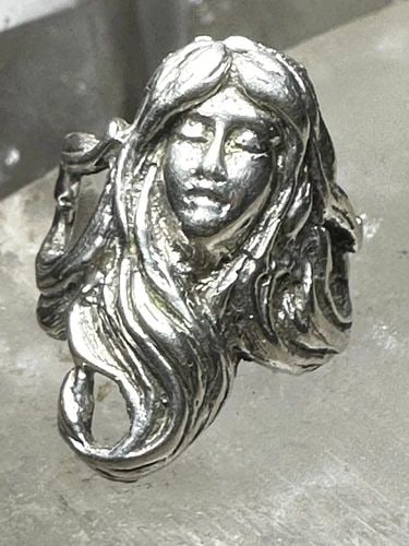SLEEPING FACE RING FLOWING HAIR SIZE 6 ART NOUVEAU FIGURATIVE BAND STERLING SIL: SLEEPING FACE RING FLOWING HAIR SIZE 6 ART NOUVEAU FIGURATIVE BAND STERLING SIL Sleeping Face ring flowing hair Size 6 Art Nouveau figurative band Sterling Silver women Size 6 Weight 9.4g Width 1" Bac