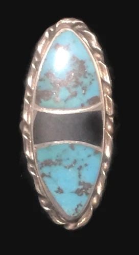 NAVAJO LONG TURQUOISE ONYX RING VINTAGE SOUTHWEST STERLING SILVER SIZE 6.25: NAVAJO LONG TURQUOISE ONYX RING VINTAGE SOUTHWEST STERLING SILVER SIZE 6.25 Navajo Long Turquoise Onyx Ring Vintage Native American Sterling Silver Signed by N. Lee Size 6.25 Weight 9.9g Length