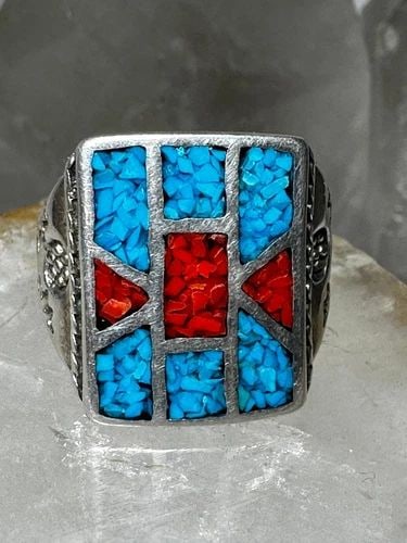 TURQUOISE CHIPS CORAL SOUHWEST ? BAND SIZE 8.75 STERLING SILVER WOMEN MEN: TURQUOISE CHIPS CORAL SOUHWEST ? BAND SIZE 8.75 STERLING SILVER WOMEN MEN Turquoise chips coral band size 8.75 sterling silver women men Signed CJC? Hard to read Size 8.75 Between a size 8.75 and a si