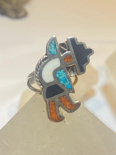 KACHINA RING SIZE 5.25 ONYX TURQUOISE CORAL CHIPS NAVAJO STERLING SILVER BAND S: KACHINA RING SIZE 5.25 ONYX TURQUOISE CORAL CHIPS NAVAJO STERLING SILVER BAND S Kachina ring onyx turquoise coral chips Navajo sterling silver band southwest Size 5.25 Between a size 5.25 and a size 5