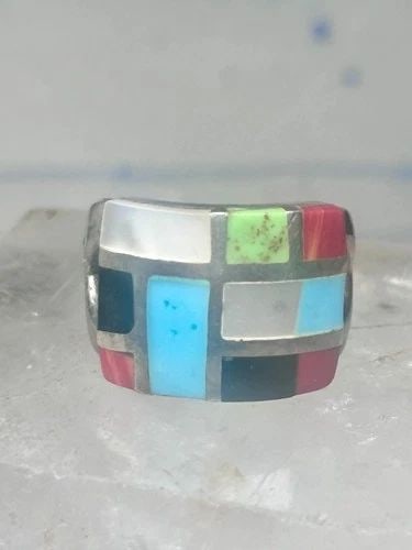 TURQUOISE INLAID RING SIZE 875 ONYX MOP BAND STERLING SILVER WOMEN MEN: Turquoise inlaid ring size 8.75 onyx mop band s sterling silver women men Size 8.75 Weight 15.7g Length 5/8" Width. 3/4" Thinnest part of band 1/4"