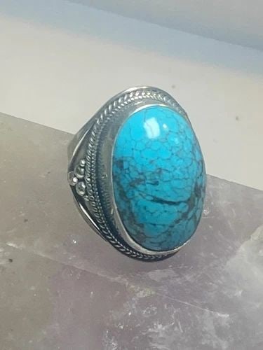 TURQUOISE RING BOHO SIZE 9 ADJUSTABLE STERLING SILVER WOMEN MEN B: TURQUOISE RING BOHO SIZE 9 ADJUSTABLE STERLING SILVER WOMEN MEN B Turquoise ring boho sterling silver women men b Size 9 adj Weight. 21.6g Length 1 1/4" Width 5/8" Thinnest part of band 3/16"