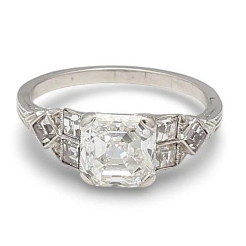 2.20 CARAT ASSCHER CUT AND EMERALD CUT DIAMOND PLATINUM ART DECO RING: 2.20 CARAT ASSCHER CUT AND EMERALD CUT DIAMOND PLATINUM ART DECO RING Title: 2.20 Carat Asscher Cut G VS2 and Emerald Cut G VS1 Diamond Platinum Art Deco Ring Style: Art Deco Metal: Platinum Gemstone 